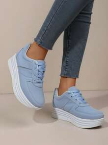 Zapatillas casuales para mujer, plataforma cómoda, punta redonda, cordones clásicos, estilo minimalista, uso diario, zapatos de moda - Azul - Ver 2