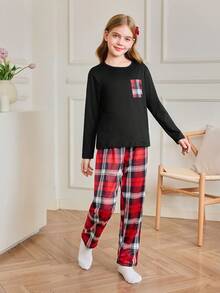 女童休闲针织格子口袋睡衣套装 - 紅色 - 查看 5