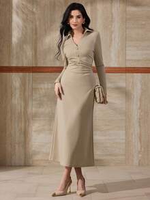 Modelyn Đầm midi tay dài vai nhún eo trơn màu cho nữ - Màu Khaki - Xem 1