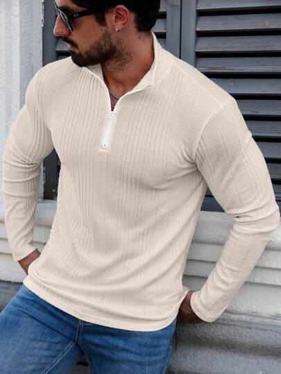 Manfinity CasualCool 男士休闲拉链长袖T恤，奶油色，适合秋冬季节穿着。这款长袖亨利衫，罗纹长袖设计，尽显男士优雅气质。适合日常休闲、周末旅行、户外活动、探险旅行、轻松的工作环境或半正式场合，也是送给男友/丈夫、周年纪念日或圣诞节的理想礼物。