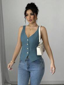 Elenzga Sommer Lässig Pendler einfarbiges Vorderseiten-Knopf Trägerhemd