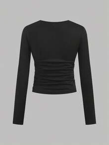 SHEIN Girlism 3件套少女休闲校服字母印花褶皱侧边圆领长袖短款针织T恤上衣，返校季必备 - 卡其色 - 查看 8