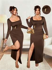 Elenzga Women's Elegant High-End Design Square Neck Long Sleeve Metal Buckle Waist Pleated Belted Fitted Asymmetric Hem Party Dress, Mid-Length, Autumn Ladies Fabric Dress - Brown - View 1