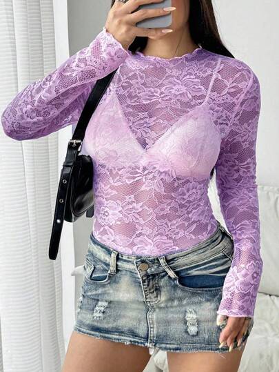 SHEIN Tall プラスサイズ女性用セクシーなシアーレース長袖ラウンドネックカジュアルスリムフィット高伸縮Tシャツ