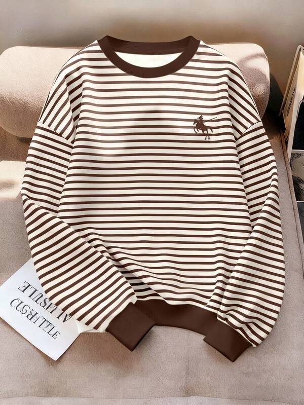 INAWLY Women's Casual Black-And-White Striped Long-Sleeve Sweatshirt Comfortable And Minimalist Style, Perfect For Fall And Winter Seasons