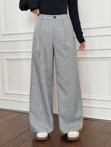 SHEIN PETITE 教师装女装灰色褶裥优雅长裤带口袋，秋冬灰色高腰阔腿裤宽松大码裤商务职业女装宽松阔腿裤秋季女装冬季女装外出下装 - 灰色 - 查看 8