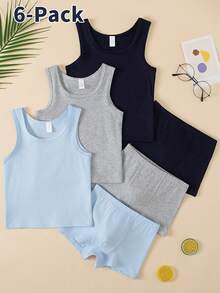 SHEIN Explorewe 6件套男童纯色棉混纺三角裤和背心套装，白色、灰色、藏青色，适合4-7岁儿童 - 彩色 - 查看 6