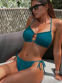 Bonvoyette Conjunto de bikini sexy con parte superior de cuello halter y Bottom con volantes, de unicolor para mujer