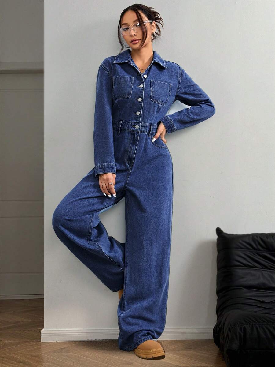 SHEIN ICON Women's Fall /Winter Streetwear Casual Washed Denim Long Sleeve Jacket Jumpsuit - Dark Wash - View 1