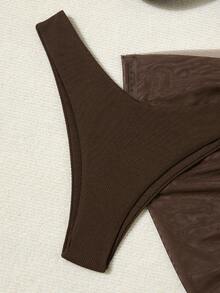 Swim Basics 3pcs Set Solid Color Rhinestone Decor Bikini For Beach/Resort For Summer Beach Vacation - Coffee Brown - View 4