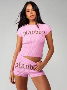 Missguided x Playboy Ribbed Baby Tee Short Sleeve Crop Top With Gothic Text Print For Casual Summer Wear - Pink - View 4