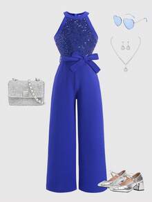 Girls Sparkly Sleeveless Jumpsuit, Suitable For Parties, Festivals And Events - Royal Blue - View 8