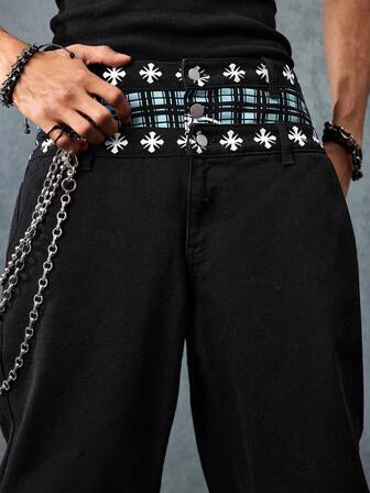 Street Life Jeans casuales de pierna ancha con bolsillo y parches a cuadros, estilo grunge