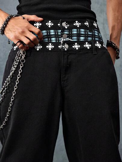 Street Life Jeans casual con vestibilità ampia, patchwork a quadri, tasche, gamba larga, stile grunge per uomo