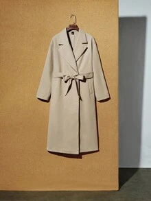 Maija Women's Long Overcoat With Collar, Belt, Waist Cinching, And Side Pockets, Autumn/Winter Stylish Clothing Collection Stylish Clothing Collection Women's Winter Coat Christmas - Khaki - View 2