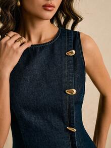 Poéselle Women's Denim Dress, Round Neck, Sleeveless, Fitted Waist, Button-Front Denim Dress, Casual Short Dress, Women's Denim Dress, Dark Blue Denim Dress. Looks Elegant Dresses For Women Party Dress