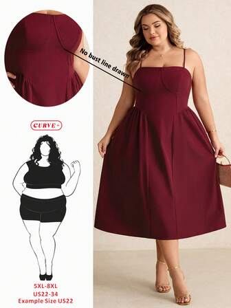 SHEIN CURVE+ 优雅女士吊带长款蓬蓬裙，适合日常约会、外出、夜店、派对、秋季穿着。