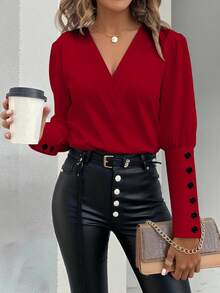 Blusa de mujer con cuello en V, mangas farol y parches - Burdeos - Ver 3