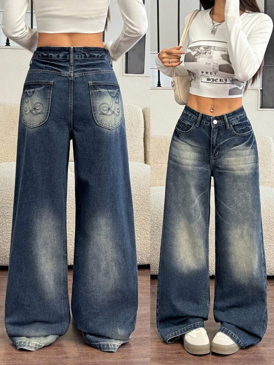 SHEIN EZwear Quần jeans ống đứng thêu họa tiết cổ điển lấy cảm hứng từ châu Á dành cho nữ - Rửa tối - Xem 1