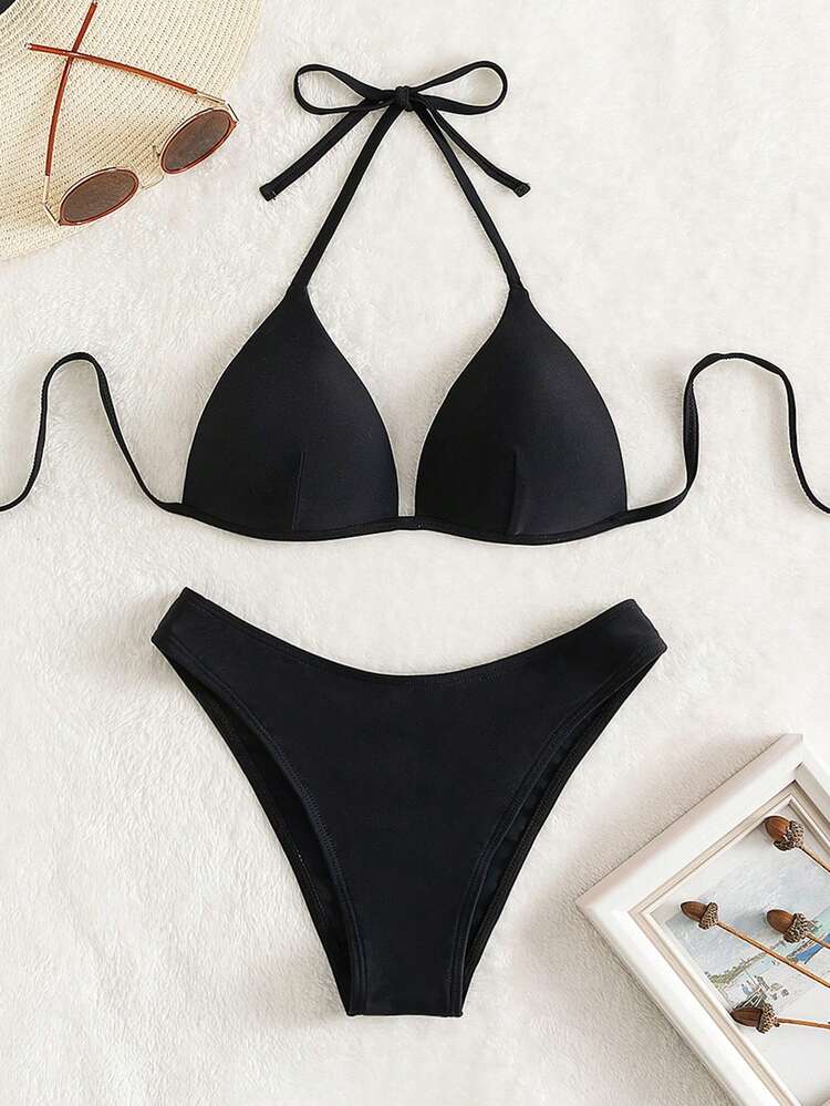 Solid Color Halter Twist Front Bikini Set