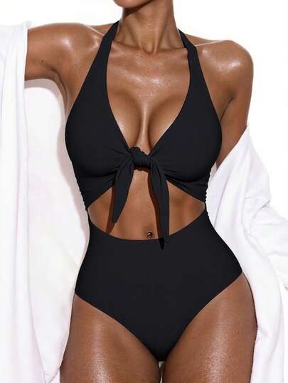 SHEIN Swim 2026 Elegant Solid Color High Waist Adjustable Strap One-Piece Swimsuit For Women, Spring/Summer