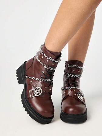 Grunge Punk Bottes noires pour femmes avec fermeture éclair latérale, lacets, style punk rock sombre avec décoration de chaîne, bottes de moto. Bottes de chevalier rétro de collège  à la cheville et bottes courtes