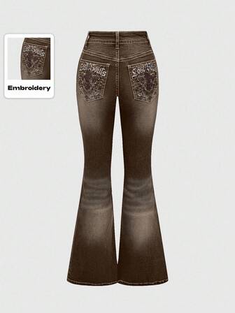 Grunge Punk Women's Leopard Embroidered Pocket Flare Leg Skinny Jeans