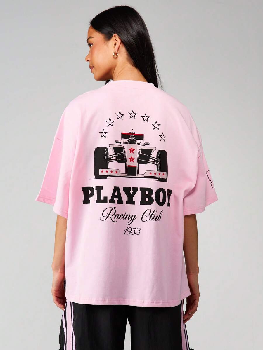 Missguided x Playboy 超大图案摩托赛车俱乐部短袖圆领棉质 T 恤，适合夏季休闲街头服饰 - 粉色 - 查看 1