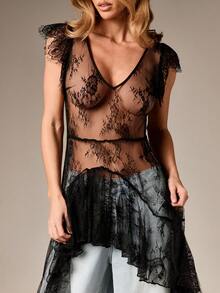 AiiRZ Oversized Lace Mesh Midi Dress With Ruffle Hem Overlay For Evening Cocktail Party Occasions