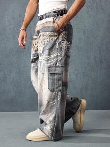 ROMWE MEN Street Life Quần Jeans Denim Nam In Hiệu Ứng Hình Ảnh Nhiều Đai Lưng - Màu xanh lam - Xem 8