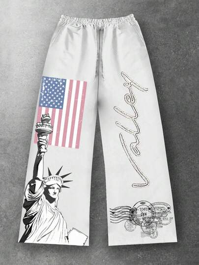Street Life Pantaloni della tuta con vestibilità ampia da uomo con stampa digitale della Statua della Libertà