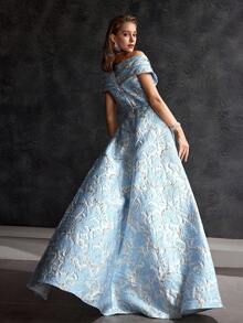 MOTF Soiréza WOMEN'S OFF SHOULDER JACQUARD ELEGANT LONG DRESS WITH TRAILING DESIGN, SUITABLE FOR AUTUMN/WINTER OCCASIONS - Blue and White - View 3