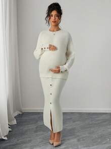 Momance 女士宽松圆领插肩袖套头毛衣和高开衩仿纽扣毛衣半裙套装，休闲孕妇针织衫套装