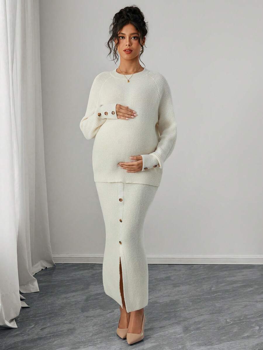 Momance 女士宽松圆领插肩袖套头毛衣和高开衩仿纽扣毛衣半裙套装，休闲孕妇针织衫套装