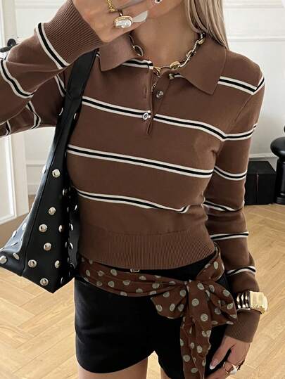 DAZY Top de punto casual de manga corta con cuello polo y rayas de contraste para mujer, otoño/invierno