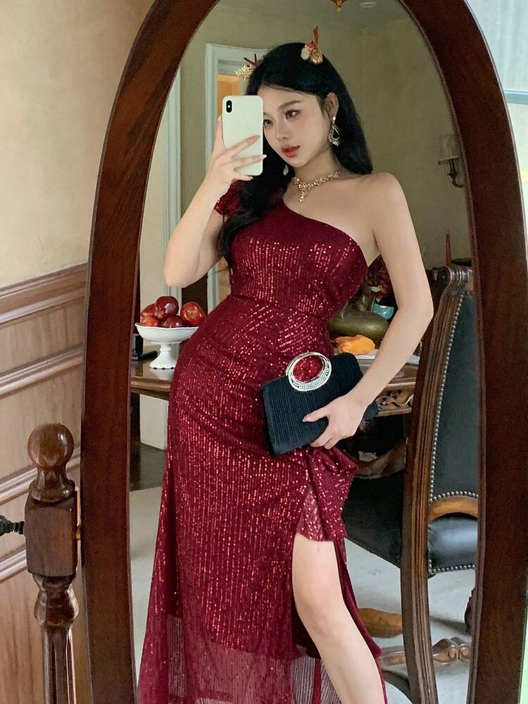 Elegant Party Dress Sequin Asymmetric Ruffle Slit Midi Dress For Women Christmas New Year Summer Women Dresses Sundress Carnival Sparkly Dress