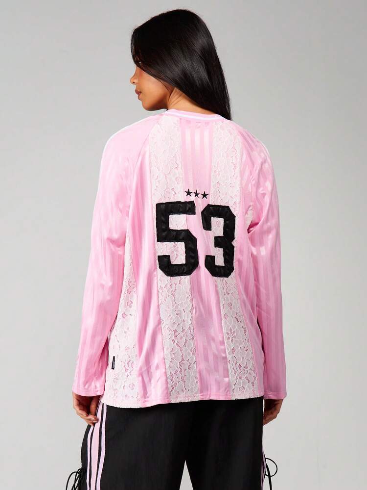 Missguided x Playboy Lace Panel Football Jersey V-Neck Long Sleeve Sports Style Top