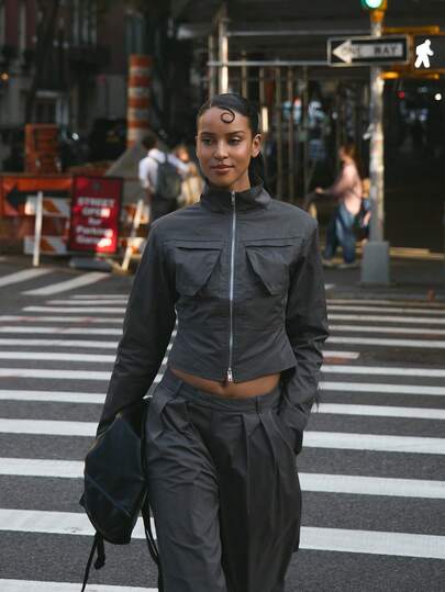 MUSERA Nylon Cinched Boxy Pocket Detail Zip Through Jacket Cool Girl, Streetstyle, Cute, Fall, Autumn, Winter