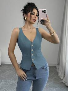 Elenzga Sommer Lässig Pendler einfarbiges Vorderseiten-Knopf Trägerhemd