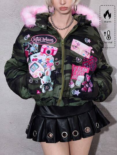 ROMWE Avant Women's Retro Y2K Cute Grunge Aesthetic Colorblock Camouflage Millennium Pattern Fleece Patchwork Padded Coat