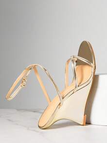 SHUZIA Ladies Elegant Comfortable Round Toe Ankle Strap Metallic Thong Wedge Sandals For Christmas Valentine's Day - Gold - View 7