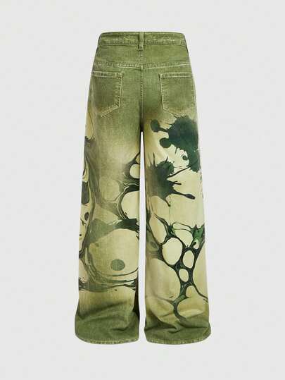 Street Life Jeans droits décontractés amples avec poche et motif éclaboussure de peinture pour hommes