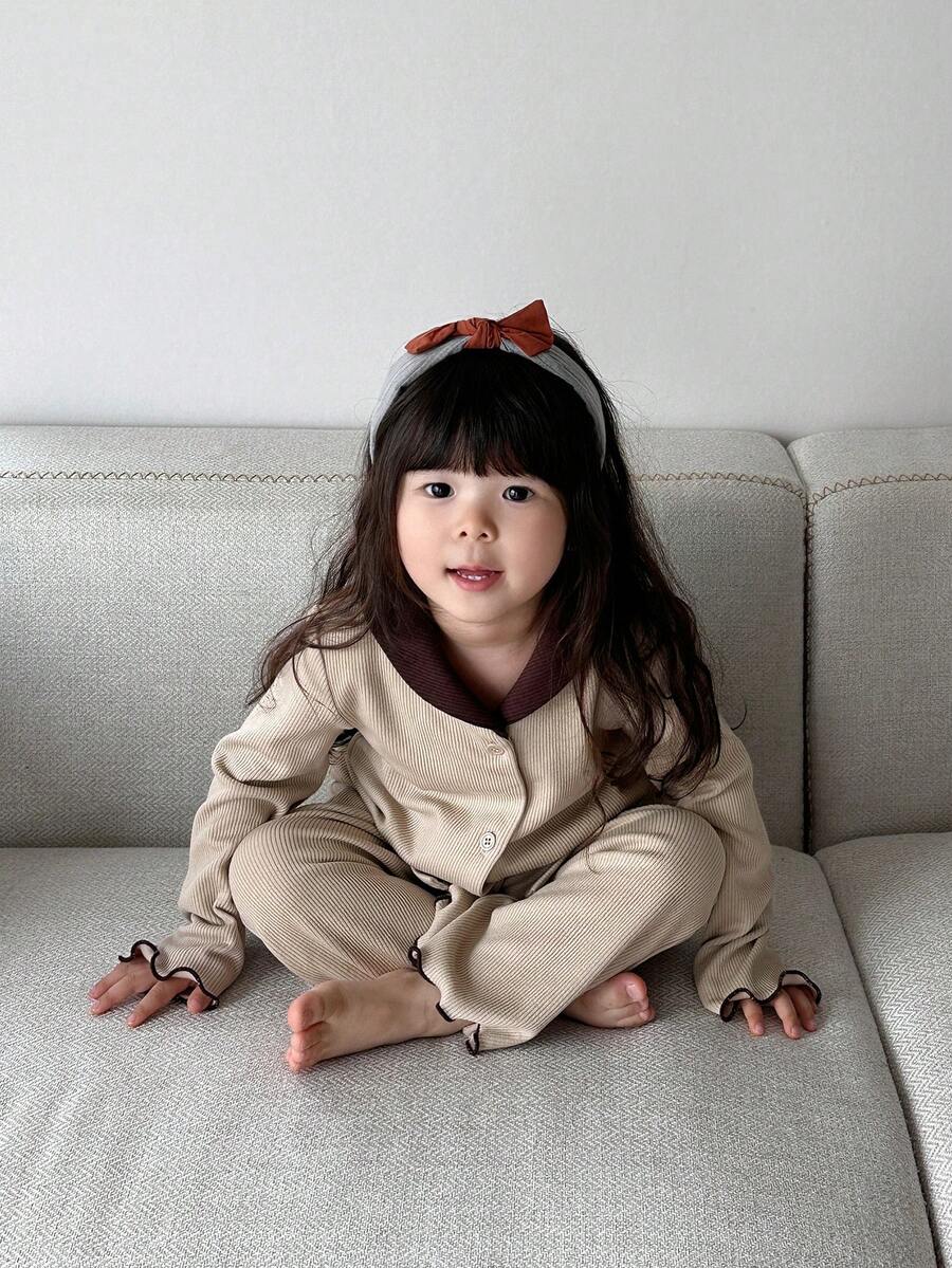 DAZY Toddler Girls' Colorblock Simple Daily Long Sleeve Pajamas - Coffee Brown - View 1