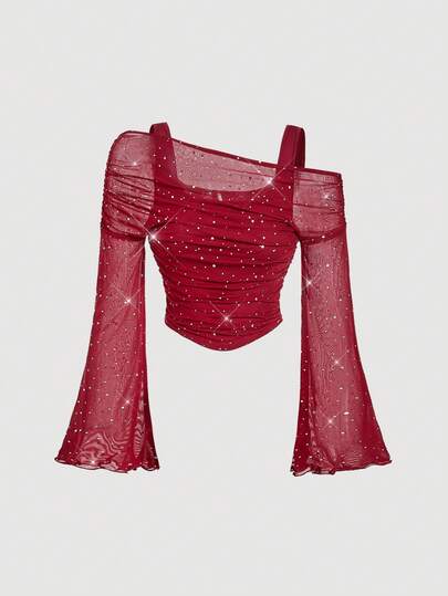 SHEIN MOD Women's Sequin Shoulder Solid Color Ruched Flare Sleeve Long Sleeve T-Shirt,Sexy Tops,Red Top,Christmas,Red Tops For Women