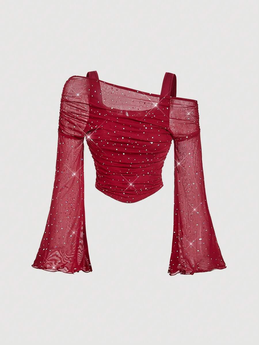 SHEIN MOD Maglietta a maniche lunghe da donna con paillettes, spalle solide, arricciata, con maniche a campana