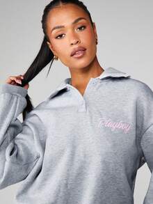 Missguided x Playboy Logo Heathered Sweatshirt With Lace Trim And Centre Pocket Pullover Top - Grey - View 6