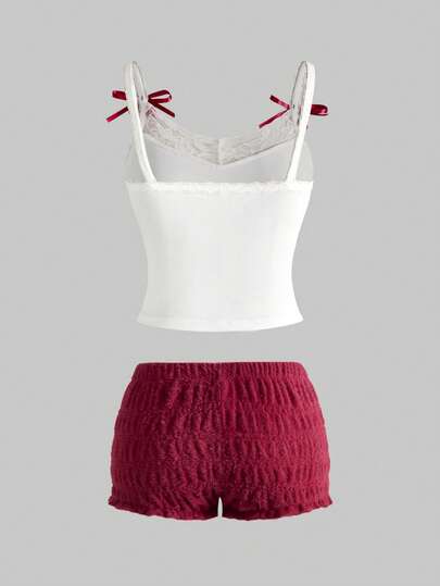 Kawaii 2 pièces/Set Débardeur à dentelle avec imprimé chaton décontracté et short froncé pour femmes