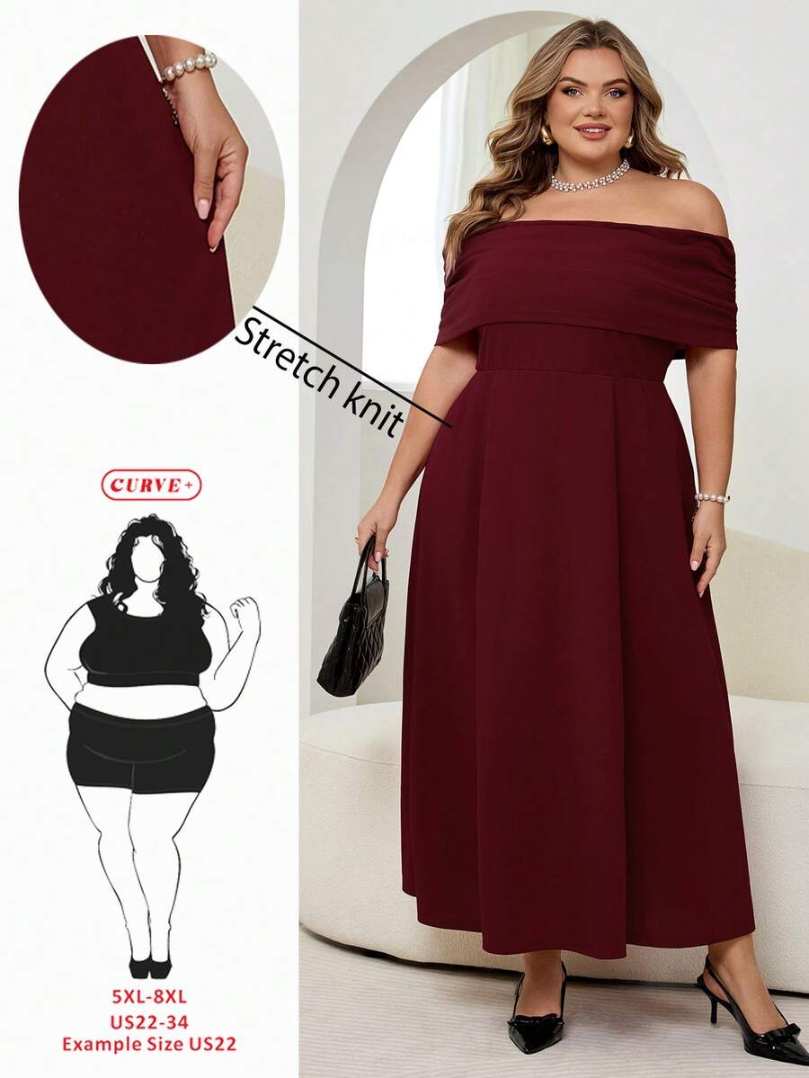 SHEIN CURVE+ 大码女士优雅简约时尚浪漫性感连衣裙，露肩高腰A字伞裙，适合度假、通勤、约会，灰色长款连衣裙 - 紅色 - 查看 1