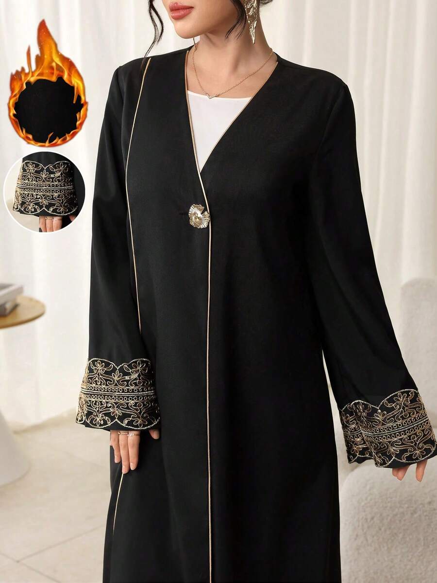 Al Najma Black Long Sleeve Embroidered Applique Contrast Trim Loose Elegant Arabic Abaya Robe - Black - View 1