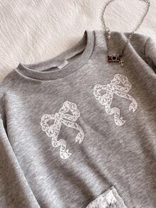 Girls'Printed Sweatshirt&Pants Set,White Autumn Cute School Back-To-School,Round Neck Long Sleeve Ribbed Hem Patchwork Top+Elastic Waist Bow Pants - Grey - View 4